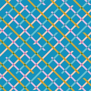 May include: A seamless pattern featuring a grid of intersecting lines in various colors. Diagonal lines in gold, light blue, and pink intersect with horizontal and vertical lines in light blue, pink, and green, all set against a teal background.