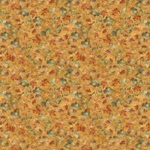 May include: A seamless pattern featuring a dense arrangement of autumn leaves in shades of orange, green, and brown. The leaves are scattered across a golden-yellow background, creating a textured, naturalistic design. This pattern is suitable for fabric or wallpaper.