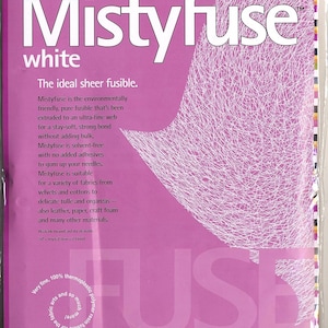 May include: A rectangular package of Mistyfuse white sheer fusible web. The purple packaging features white text, a graphic of a white web, and states the dimensions as 20 inches by 10 yards. The product is a solvent-free, ultra-fine thermoplastic polymer.