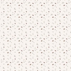 May include: A cream-colored fabric with a repeating pattern of small, stylized floral and botanical elements. The design includes brown seed pods, tiny green leaves, and delicate stems, creating a subtle, natural aesthetic. The overall effect is delicate and understated.