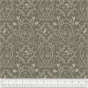 May include: A seamless pattern featuring a repeating design of stylized deer, floral elements, and other nature-inspired motifs. The pattern is in shades of brown and beige.