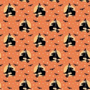 May include: A repeating pattern of witches flying on broomsticks in front of a full moon. The background is orange with white stars and black bats.