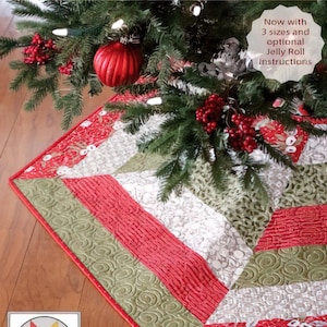 May include: A quilted Christmas tree skirt with a red border and a patchwork design featuring red, green, and white fabrics. The text "Holly Jolly Tree Skirt" is at the top. The skirt is under a decorated Christmas tree.