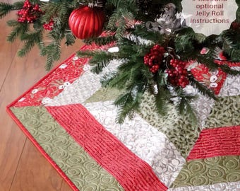 May include: A quilted Christmas tree skirt with a red border and a patchwork design featuring red, green, and white fabrics. The text "Holly Jolly Tree Skirt" is at the top. The skirt is under a decorated Christmas tree.