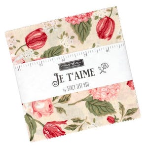 May include: A stack of square fabric pieces featuring a cream background with red tulips, pink hydrangea clusters, and green leaves. A white paper band wraps around the center, displaying the text JE T'AIME by STACY IEST HSU and a 5-inch ruler.