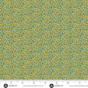 May include: A fabric with a repeating pattern of small yellow flowers with brown centers on a teal green background. The fabric has a ruler along the bottom edge with the Andover Fabrics logo.