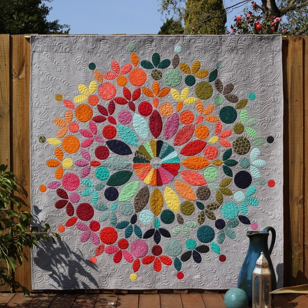 Modern Mandala Quilt Floral Pattern, A Great Wall Hanging for Home Decor, Size 67", 80", 92" Square Quilt, In Lap, Queen, and Large Lap