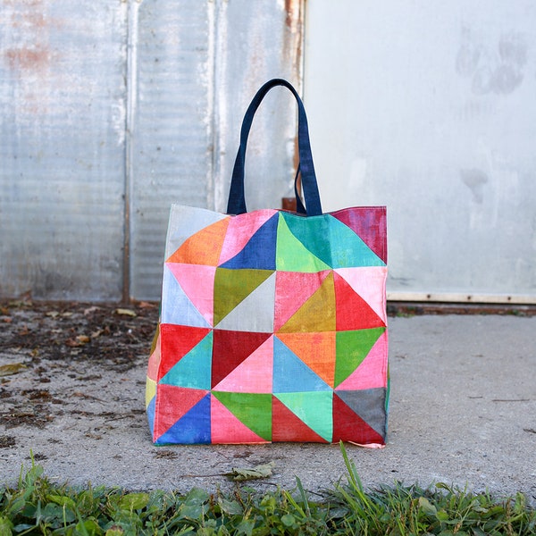 Workshop Tote Bag Pattern is Great for Beginners, Easy Patchwork Bag Pattern Featuring Half-Square Triangles, Perfect DIY Gift Idea