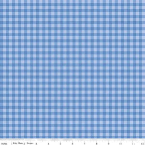May include: A light and medium blue gingham pattern fabric. The fabric features a classic checkered design, with evenly spaced vertical and horizontal lines creating a grid-like appearance. The pattern is consistent across the entire surface, offering a clean and uniform look.