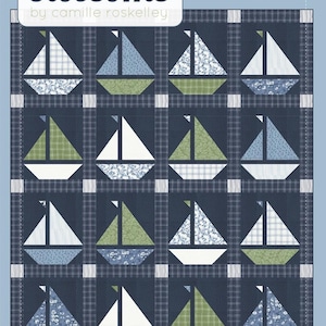 May include: A quilt pattern featuring a repeating sailboat design. Each sailboat has a white sail and a colored hull, set against a navy blue plaid background. The text "thimble blossoms" and "SAIL" are visible.