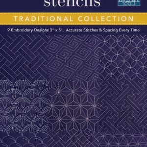 May include: Sashiko stencils with traditional embroidery designs. The cover features a dark blue background with white text and examples of the stencil patterns. Includes 9 embroidery designs, each 3" x 5", and a durable plastic stencil set.