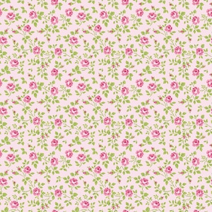 May include: A seamless pattern featuring pink roses and green leaves on a light pink background. The floral design is repeated across the surface, creating a delicate and romantic aesthetic. The roses are in full bloom.