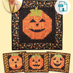 Op de afbeelding: Een PDF-patroon voor een quilt met een pompoen met een grijnzend gezicht. Het patroon heet "Pumpkin Grins" en maakt deel uit van de serie "Quilt in a Day". Het patroon is ontworpen door Amie Potter.
