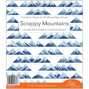 May include: Foundation papers for paper piecing. The image shows a grid of mountain designs in shades of blue and teal. The text reads "Scrappy Mountains" and includes 100 foundations. The finished block size is 3" x 6".