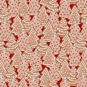May include: A red background with a repeating pattern of gingerbread cookies shaped like Christmas trees. The cookies are decorated with white icing and red sprinkles.