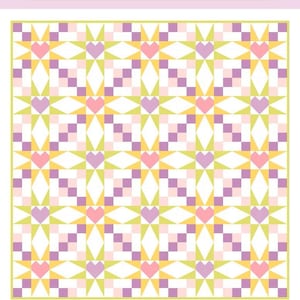 May include: A quilt pattern by Liza Taylor, featuring a geometric design with hearts, stars, and squares in shades of pink, purple, yellow, and green. The pattern is for crib, throw, and full-size quilts. The text "KINLEY QUILT PATTERN" is displayed.