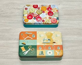 Super Cute Metal Quilting Themed Tins, Great Gift Idea, Sew Tasty- Printed Tin 2pc Sewing Box Set - Colorful Prints, Quilters Accessories