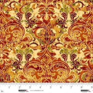 May include: A fabric with a repeating ornate pattern in shades of brown, red, and green on a cream background. The design features swirling floral and scroll-like elements. A ruler in inches is at the bottom of the image.