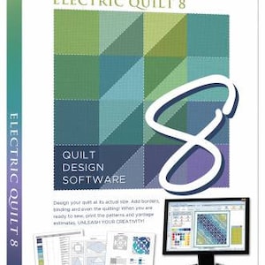 May include: Electric Quilt 8 software box featuring a green and blue geometric quilt pattern, the number 8, and text including Quilt Design Software. The box displays a computer monitor showing quilt patterns and printed paper pattern sheets.