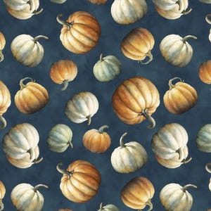 May include: A repeating pattern of watercolor pumpkins in shades of orange, white, and green on a dark blue background. The pumpkins vary in size and shape, creating a fall harvest theme. Ideal for fabric, wallpaper, or seasonal decor.