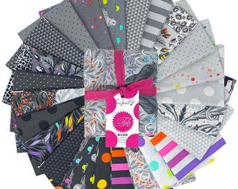 True Colors Graywork Fat Quarter Bundle by Tula Pink for Free Spirit Fabrics 24 pcs, Modern gray and rainbow fabric