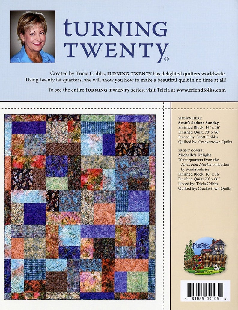 May include: A quilt pattern book cover featuring a quilt made with 20 fat quarters from the Paris Flea Market collection by Moda Fabrics. The quilt is a patchwork of blue, brown, green, and red squares. The book title is "Turning Twenty" and the author is Tricia Cribbs.