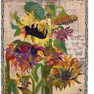 Sunflowers Collage Pattern by Laura Heine - Fiberworks collage fabric art quilt pattern