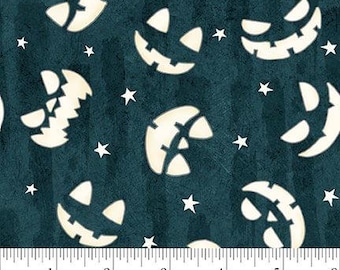 Glow in the Dark- Jack-o-Lantern Faces- Dark Gray - Ghosts in the Graveyard by HENRY GLASS, fabric sold by the quarter yard, choose your cut