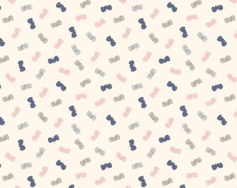 May include: A repeating pattern of small, hand-drawn bows in shades of pink, blue, and gray on a cream background. The bows are scattered across the surface, creating a delicate and whimsical design. This pattern is suitable for various craft projects.