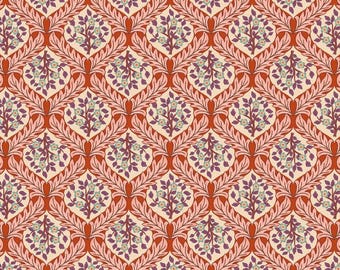 May include: A seamless pattern featuring a repeating design of stylized trees with pink and purple flowers on a cream background. The trees are surrounded by a lattice of pink leaves on a red background.