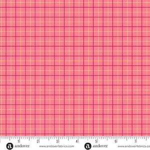 May include: Pink fabric with a grid pattern of red and yellow lines. The grid is evenly spaced, creating a checkerboard effect. A ruler is at the bottom of the fabric, with the Andover Fabrics logo.