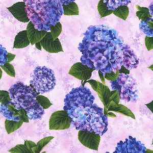May include: A floral pattern featuring purple hydrangeas with green leaves on a light pink background.