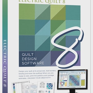 May include: A software box for Electric Quilt 8 quilt design software. The box features a colorful quilt design graphic and the text "Electric Quilt 8" and "Quilt Design Software". A computer monitor displays a quilt design, and several printed patterns are also visible.