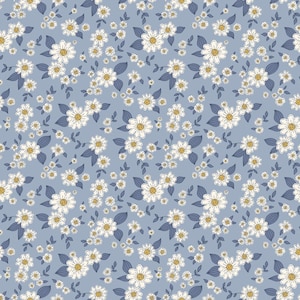 May include: A seamless pattern featuring white daisies with yellow centers and dark blue leaves on a light blue background. The floral design is repeated across the surface, creating a delicate and charming aesthetic.