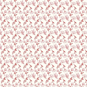 May include: A repeating pattern of red floral stems and leaves on a cream background. The flowers are stylized with delicate outlines, creating a seamless design suitable for various applications.