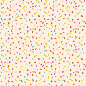 May include: A repeating pattern of colorful confetti on a cream background. The confetti includes various shapes such as stars, hearts, flowers, zigzags, and circles in shades of orange, yellow, pink, purple, and blue. This design is suitable for party decorations or gift wrap.