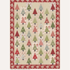 May include: A quilted fabric panel featuring a repeating pattern of Christmas trees in red, green, and light blue. The trees are set against a cream background with a floral pattern. The panel measures 50.5 x 71.5 inches.