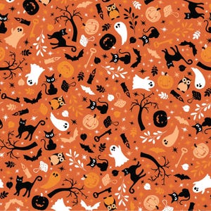 May include: A seamless pattern featuring a variety of Halloween-themed elements, including black cats, ghosts, owls, pumpkins, bats, keys, and stars on an orange background.