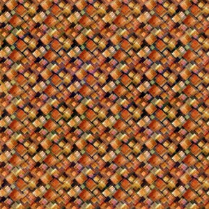 May include: A repeating pattern of overlapping squares in shades of orange, brown, and yellow. The design has a geometric, mosaic-like appearance, with a mix of opaque and translucent elements creating depth and visual interest. The overall effect is warm and textured.