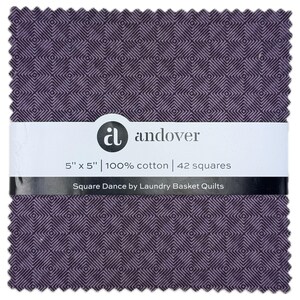 May include: A stack of 42 fabric squares, each 5" x 5", featuring a geometric diamond pattern in shades of purple. The fabric is 100% cotton. The label reads "andover" and "Square Dance by Laundry Basket Quilts."