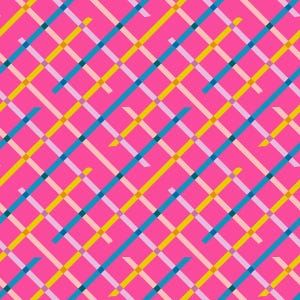 May include: A vibrant, repeating pattern featuring a bright pink background crisscrossed by diagonal lines in blue, yellow, and light pink. The lines intersect, creating a grid-like design with a modern, geometric aesthetic. The pattern is suitable for various applications.