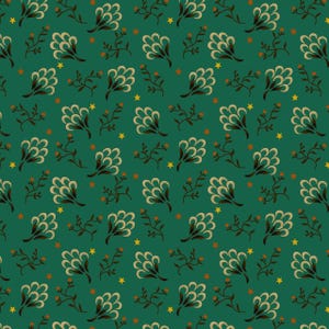 May include: A repeating pattern on a teal background. The design features stylized floral elements in cream and brown, interspersed with small orange berries and yellow stars. The overall aesthetic is reminiscent of vintage textile designs.
