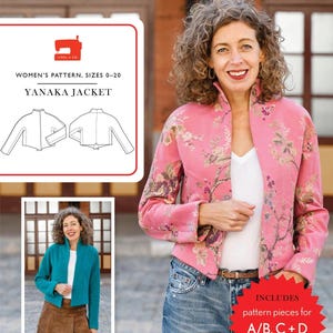 May include: A pink floral jacket with a stand-up collar is featured in this image. The jacket is worn by a person in blue jeans. The image also includes a pattern for the "YANAKA JACKET" in sizes 0-20, with pattern pieces for A/B, C+D cup sizes.