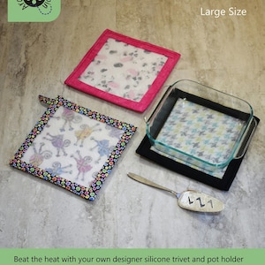 May include: A collection of Hot Stuff Trivet & Pot Holders, large size, with a variety of patterns. One is pink, one is black, and one is multi-colored. The trivets are approximately 9.5 inches square.
