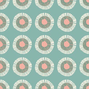 May include: A repeating pattern of stylized floral designs. Each design features a pink center, surrounded by a white, radial pattern, set against a teal background. The overall effect is a modern, geometric floral print.