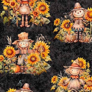 May include: A repeating pattern featuring scarecrows, sunflowers, and crows on a dark background. The scarecrows are dressed in rustic clothing and hats, surrounded by bright yellow sunflowers and green foliage. The overall theme is autumn and harvest.