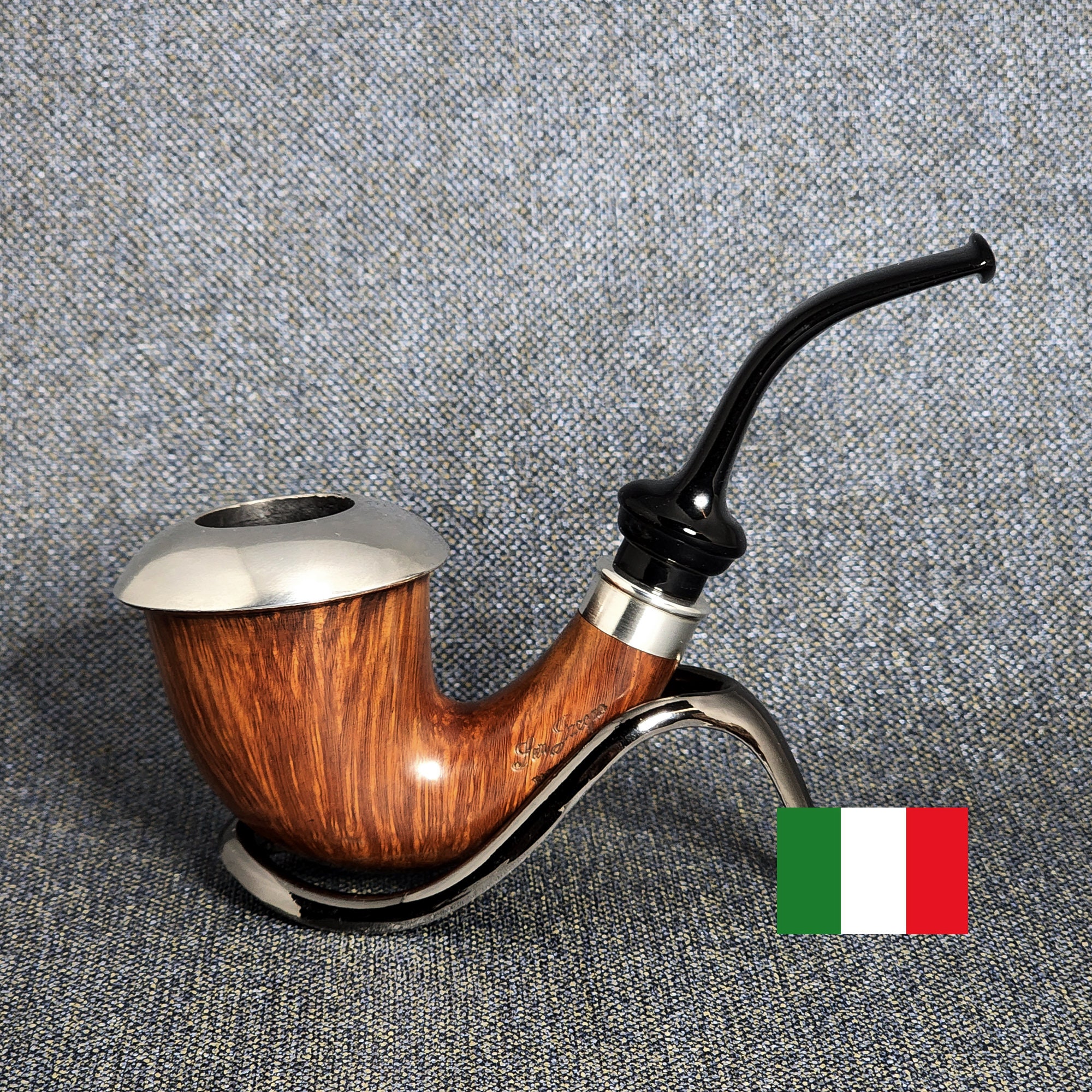 Italian Estates: Ser Jacopo Domina 98 Sandblasted Bent Pot with Silver  (049) Tobacco Pipe