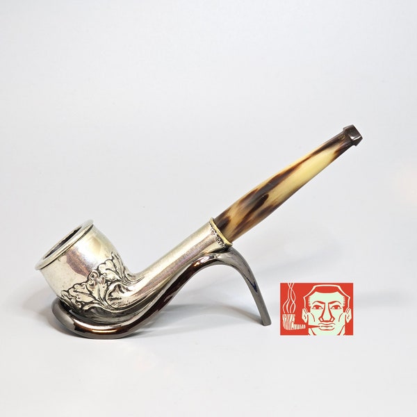 ALPACA SILVER FLORAL Pipe: Nice/Clean! Early 20th Century European Vintage Estate Straight Dublin w/Horn Stem Tobacco Smoking Pipe