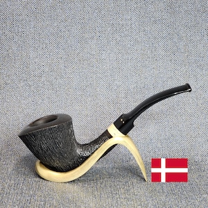 WINSLOW (POUL) E Grade: 80s-90s Danish Vintage Estate Hand Cut Black Wire Rusticated Lg. Bent Dublin w/Ivory Acrylic Bent Band Tobacco Pipe
