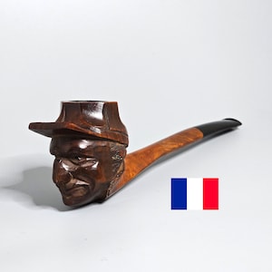 CARVED MILITARY MAN: (Unmarked) 40&#39;s-60&#39;s France? Vintage Estate Briar Hand Carved Man w/Brimmed Hat  Oval Shank Tobacco Pipe